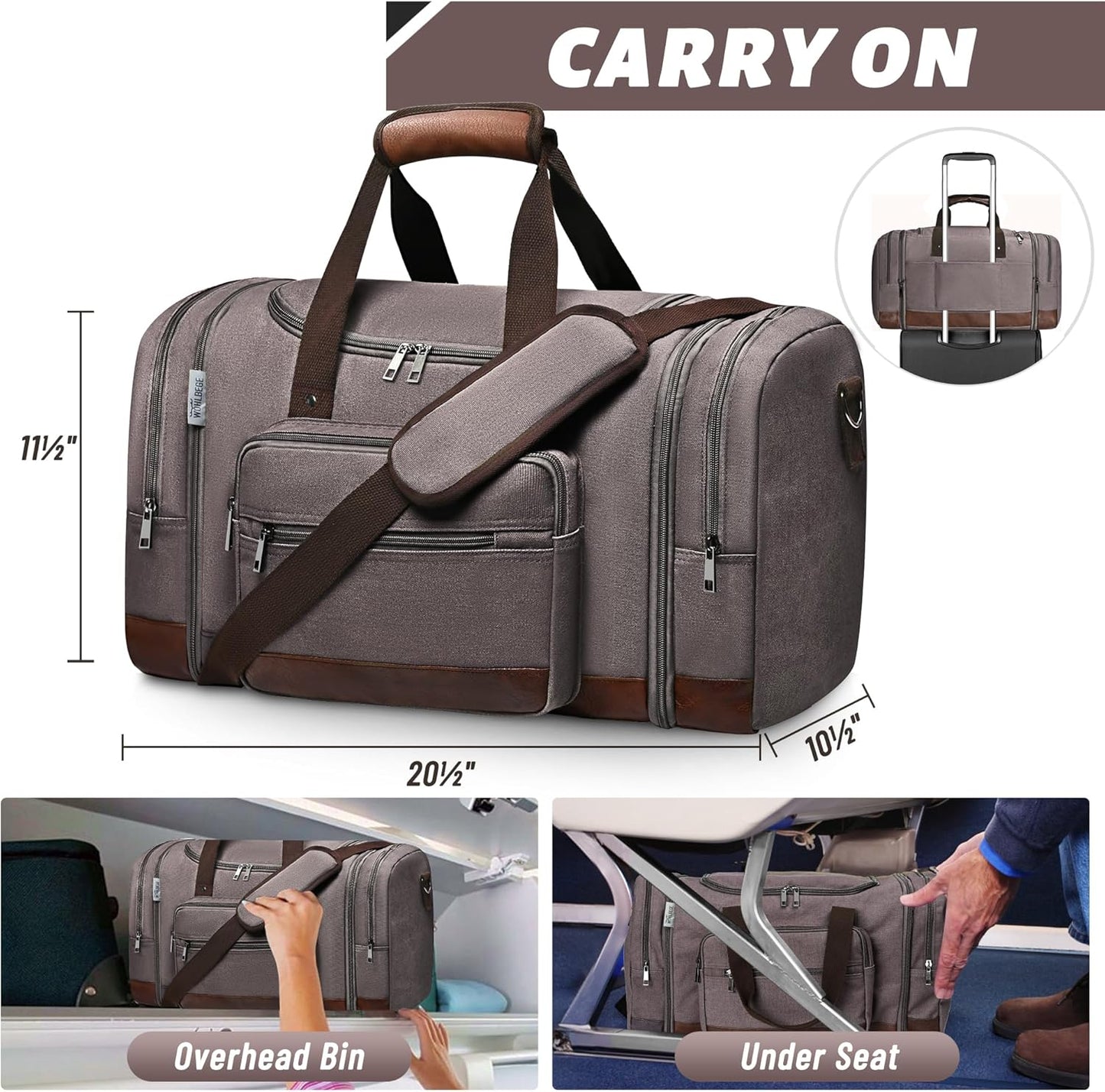 Wolhbege Duffle Bag for Travel,Mens Travel Bag & Carry On Bag for Men with Expandable Design and Luggage Sleeve –Duffel Bag for Gym, Weekender, Overnight Trips Grey
