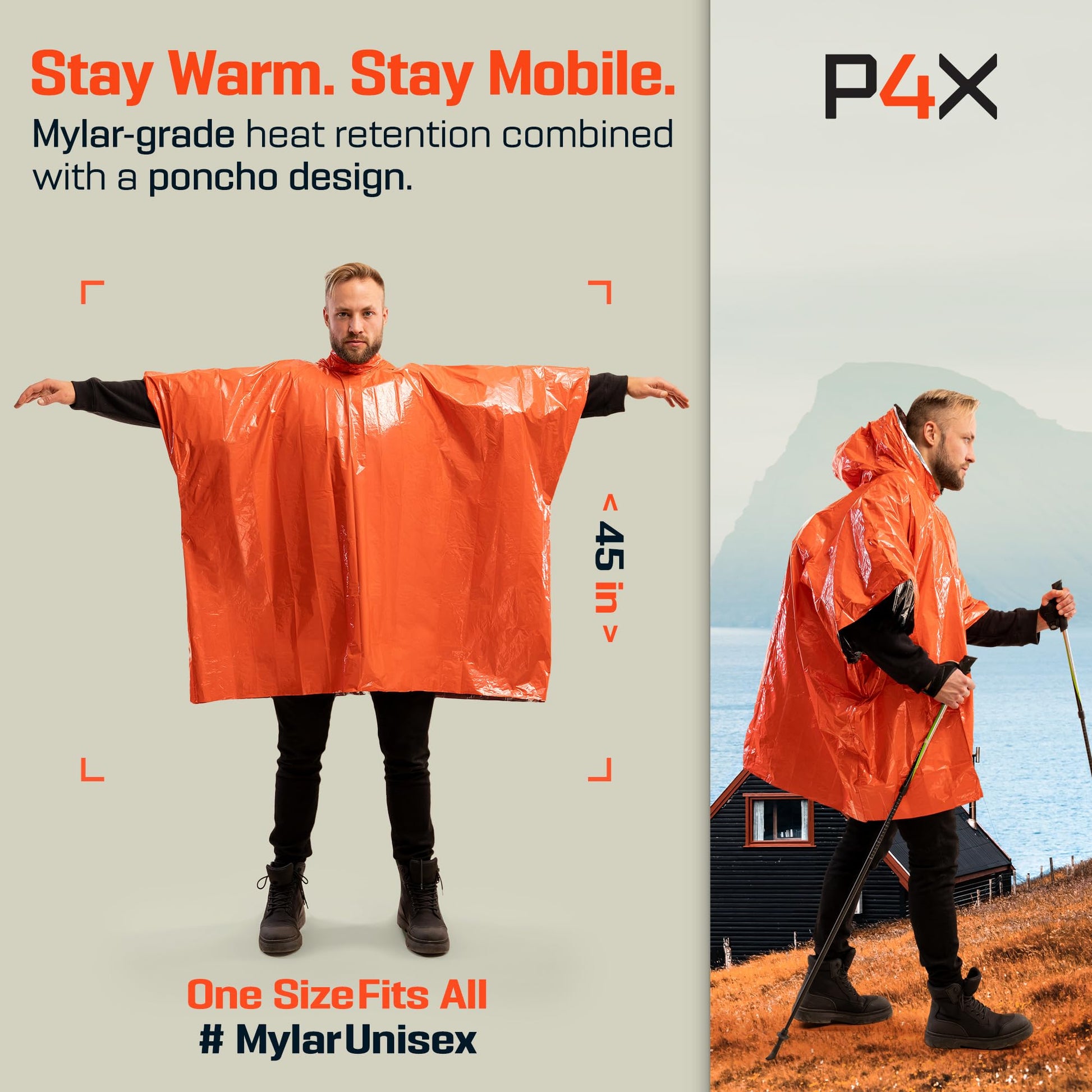 PREPARED4X Emergency Mylar Poncho – Survival Rain Poncho with Hood – Lightweight, Compact, Reusable