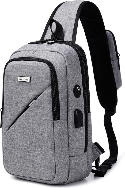 DUSLANG Crossbody Sling Backpacks for Men, Casual Shoulder Backpack Daypack Chest Bags with USB Charger Port For Camping Biking Travel Cycling