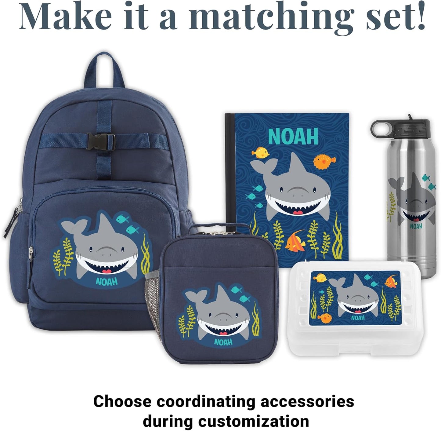Let's Make Memories Kids Backpack for School - Personalized Back to School Supplies - Bookbag with Optional Lunch Box - Blue - Shark