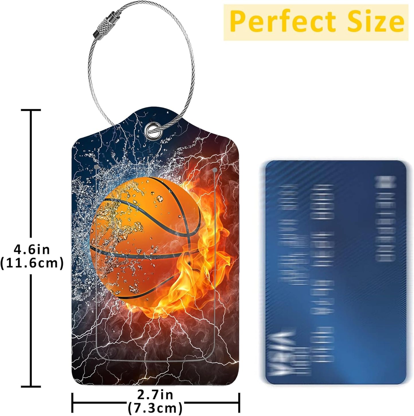 2 Pack Luggage Tags for Suitcases,Basketball on Fire and Water Luggage Tag,PU Leather Id Label Luggage Tags with Stainless Steel Loop and Privacy Cover for Women Men Teens Travel