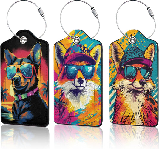 3 Pack PU Abstract Dog with Sunglasses Leahter Luggage Tag with Stainless Steel Loop,Colorful Travel Suitcase Labels with Privacy Cover ID Label Quickly Spot for Bags