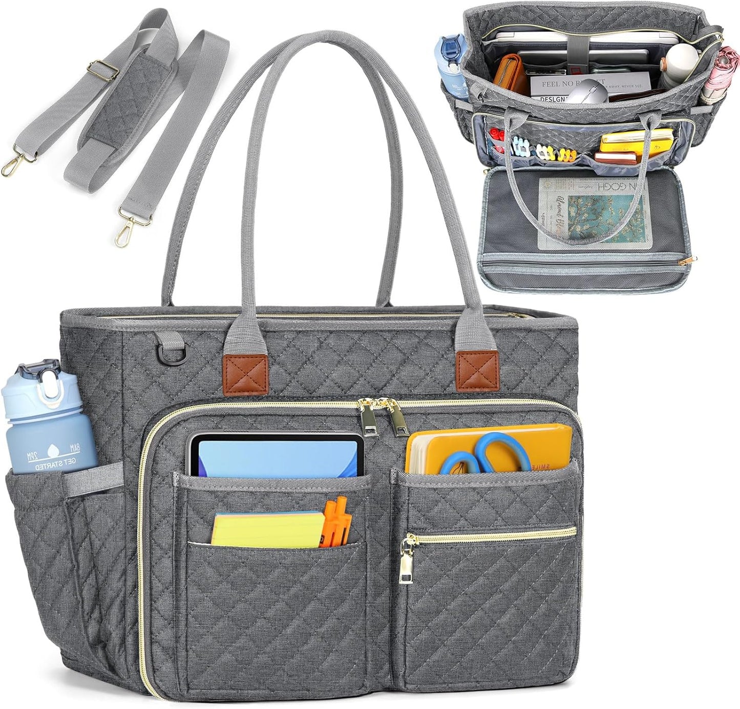 RAINSMORE Teacher Tote Bag 15.6 inch Laptop Bag for Women Work Bags Laptop Tote Nurse Bag Professional Computer Messenger with Insulated Pocket, Laptop Briefcase for Office, College, Nursing, Grey