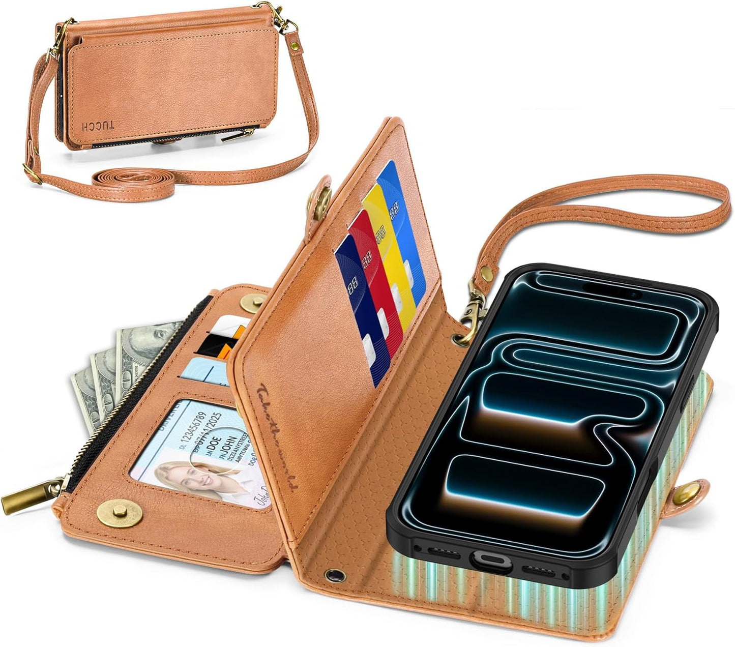 TUCCH Removable Crossbody Case Wallet for iPhone 17 Pro Max 6.9" 2025, Wireless Charging, RFID Blocking 10 Card Slots, Lanyard Wrist Strap, Zipper Pocket, PU Leather, Stand Magnetic Cover, Light Brown