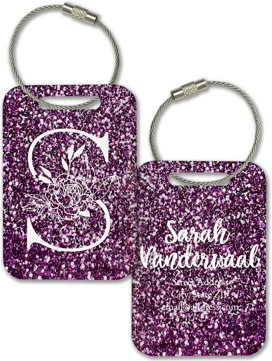 Personalized Monogram Name Tag for Luggage (3 or 6 Count Pack) | Custom Tag for Suitcase | Acrylic Name Tag for Travel | Choose Your Font & Color | Backpack ID Label (Monogram, Purple Glitter)