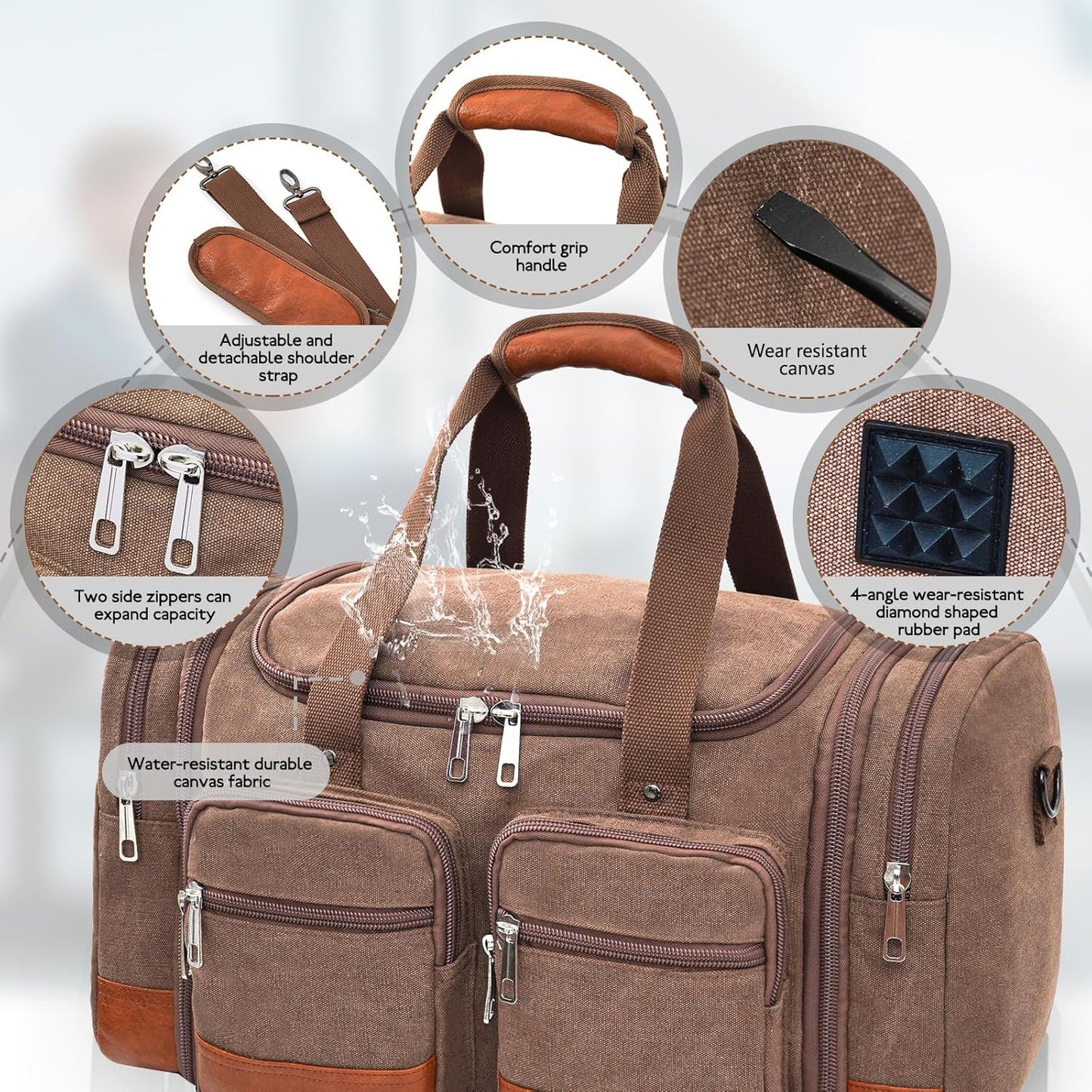 Canvas Duffle Bag For Travel, 50L Expandable Carry on Overnight Travel Duffel Bags with Laptop Compartments Weekend Gym Bag for Men(Coffee)