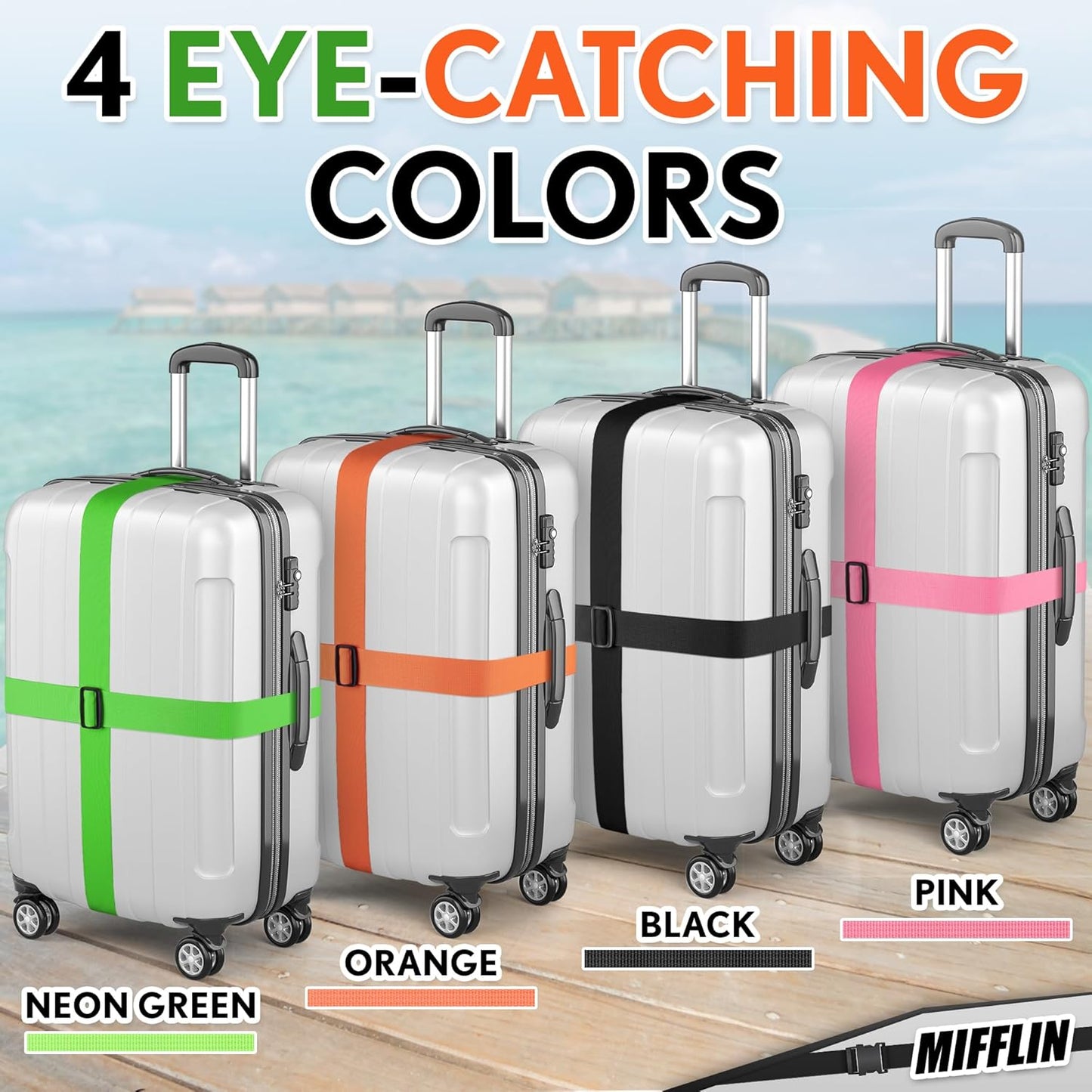 Luggage Straps - Multicolored, 78" Long, 2 Inches Wide, 4 Pack - Adjustable Nylon Belt for Travel Suitcases & Bags - by Mifflin-USA