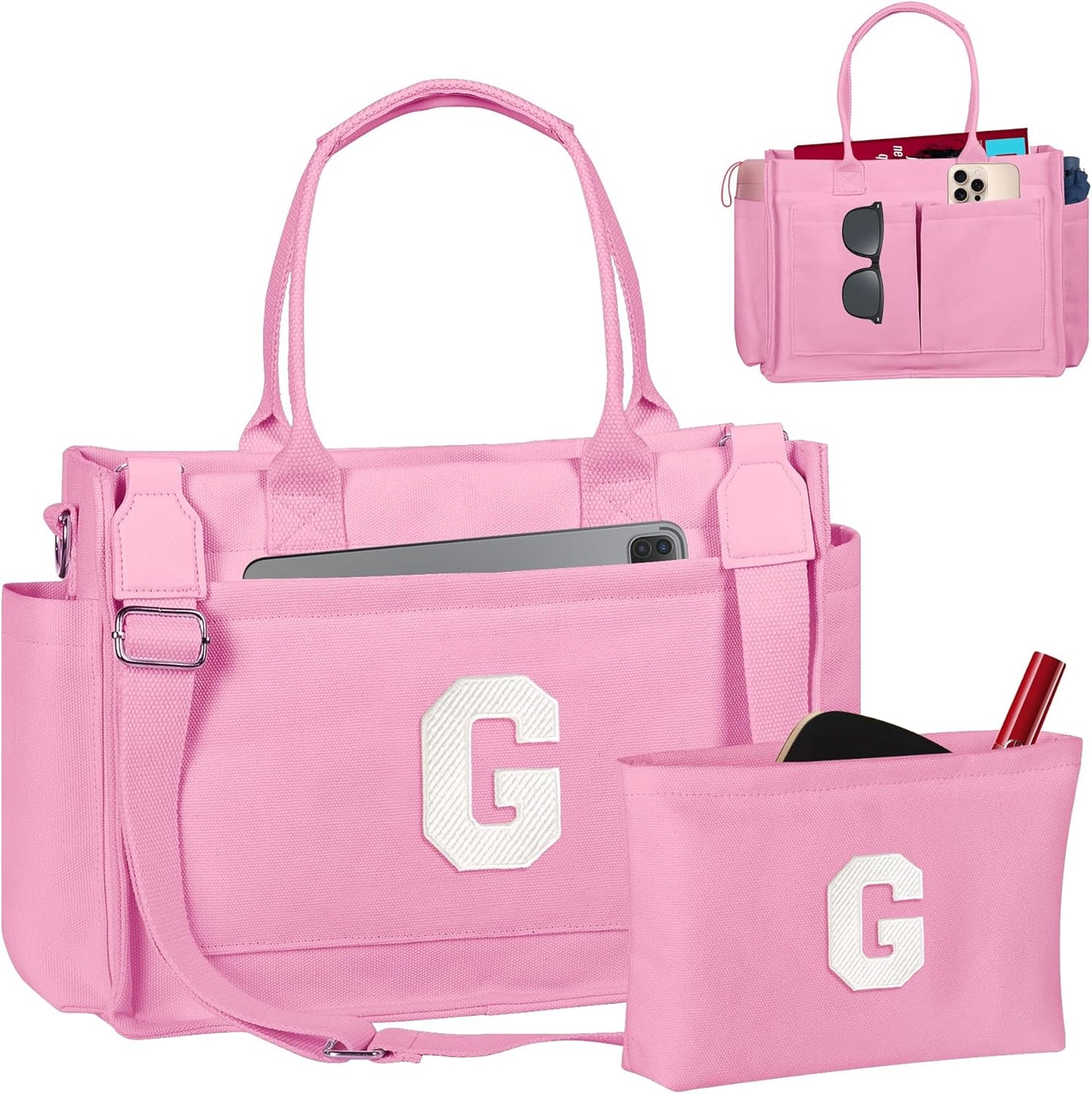 Gifts for Women Teen Girls, Initial Tote Bag with Zipper, Letter Canvas Tote Purse for College Work Laptop Beach