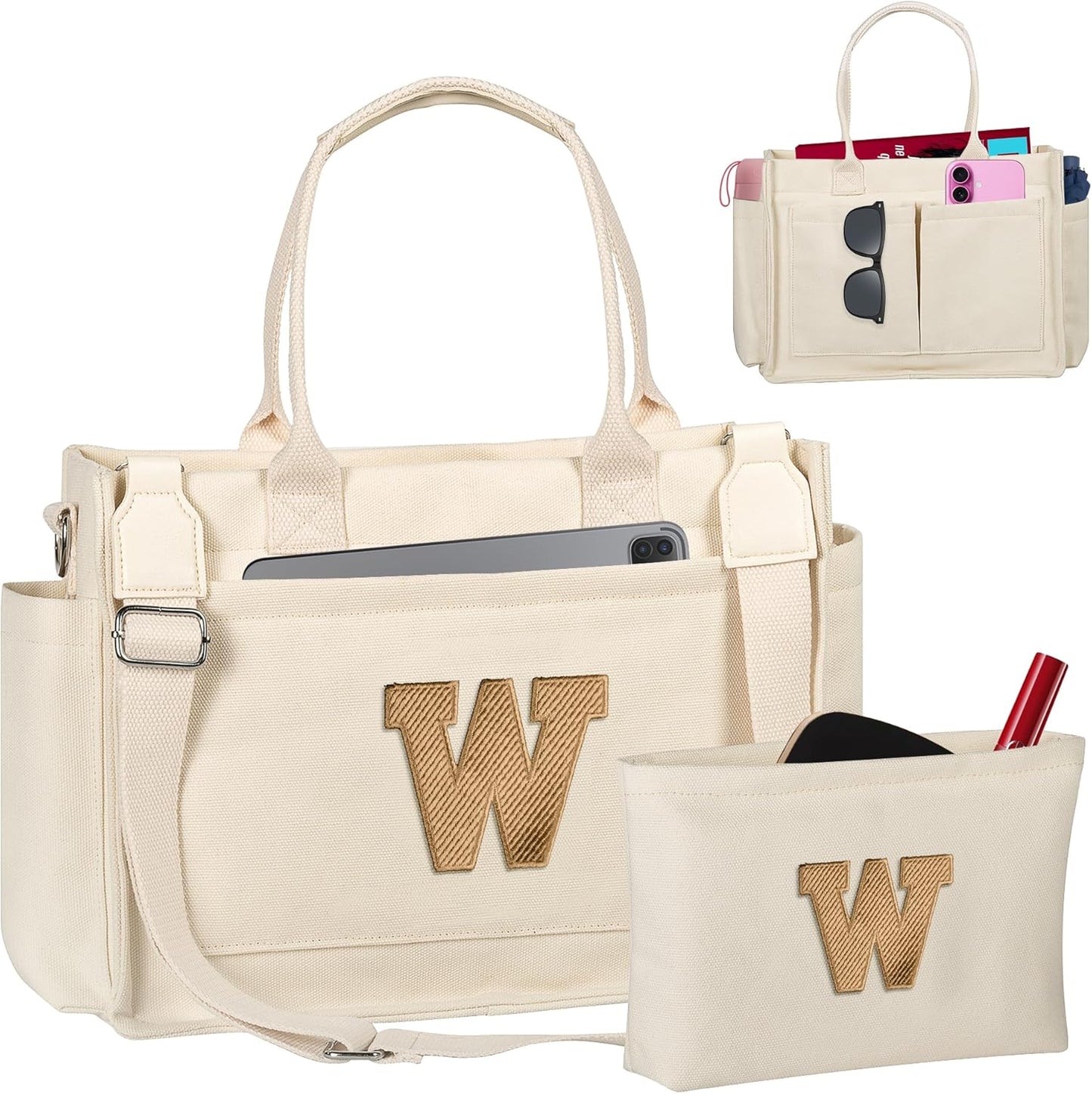 Gifts for Women Teen Girls, Initial Tote Bag with Zipper, Letter Canvas Tote Purse for College Work Laptop Beach