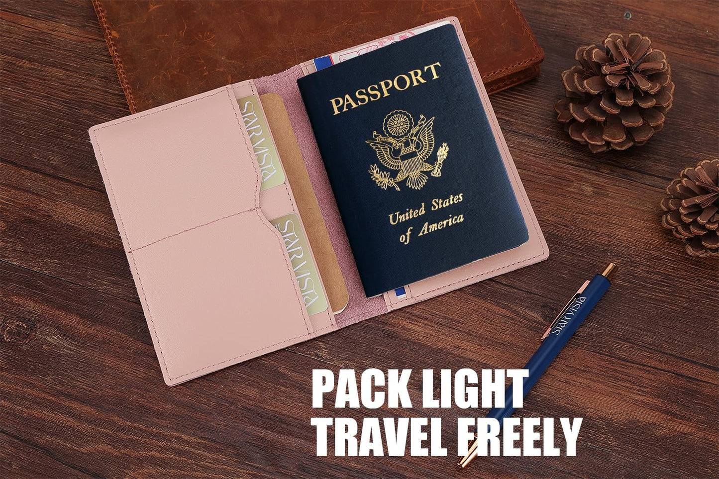STAR VISTA Albatross Leather Travel Passport Holder, Minimalist Design, Calfskin Leather Case for Women and Men - Slim Passport Wallet, Bifold, RFID Blocking, Pale Pink