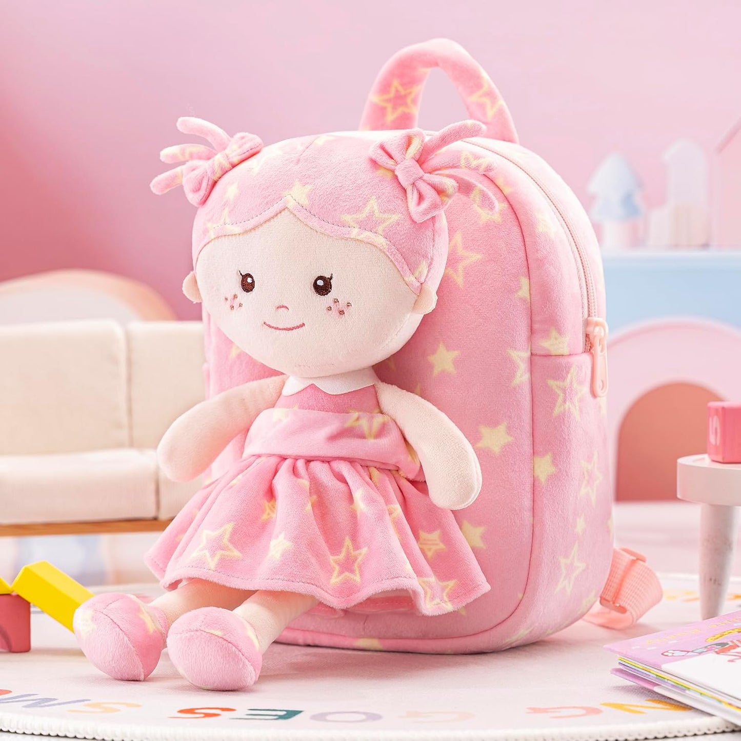 Onetoo Toddler Backpacks Back to School Gifts for Girls Kids Backpack with Soft Tanned Baby Dolls in Pink Star Dress 9"