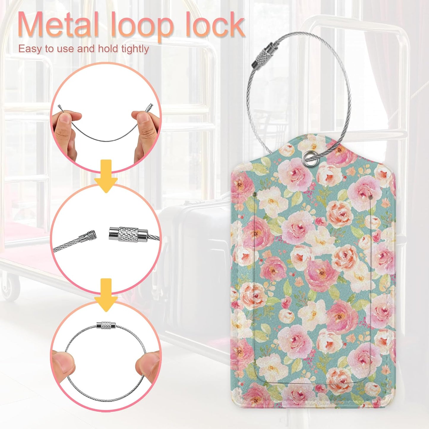 2 Pack PU Leahter Luggage Tag with Stainless Steel Loop,Vintage Rose Flower Luggage Tag Travel Suitcase Labels with Privacy Cover ID Label Quickly Spot for Bags & Baggage