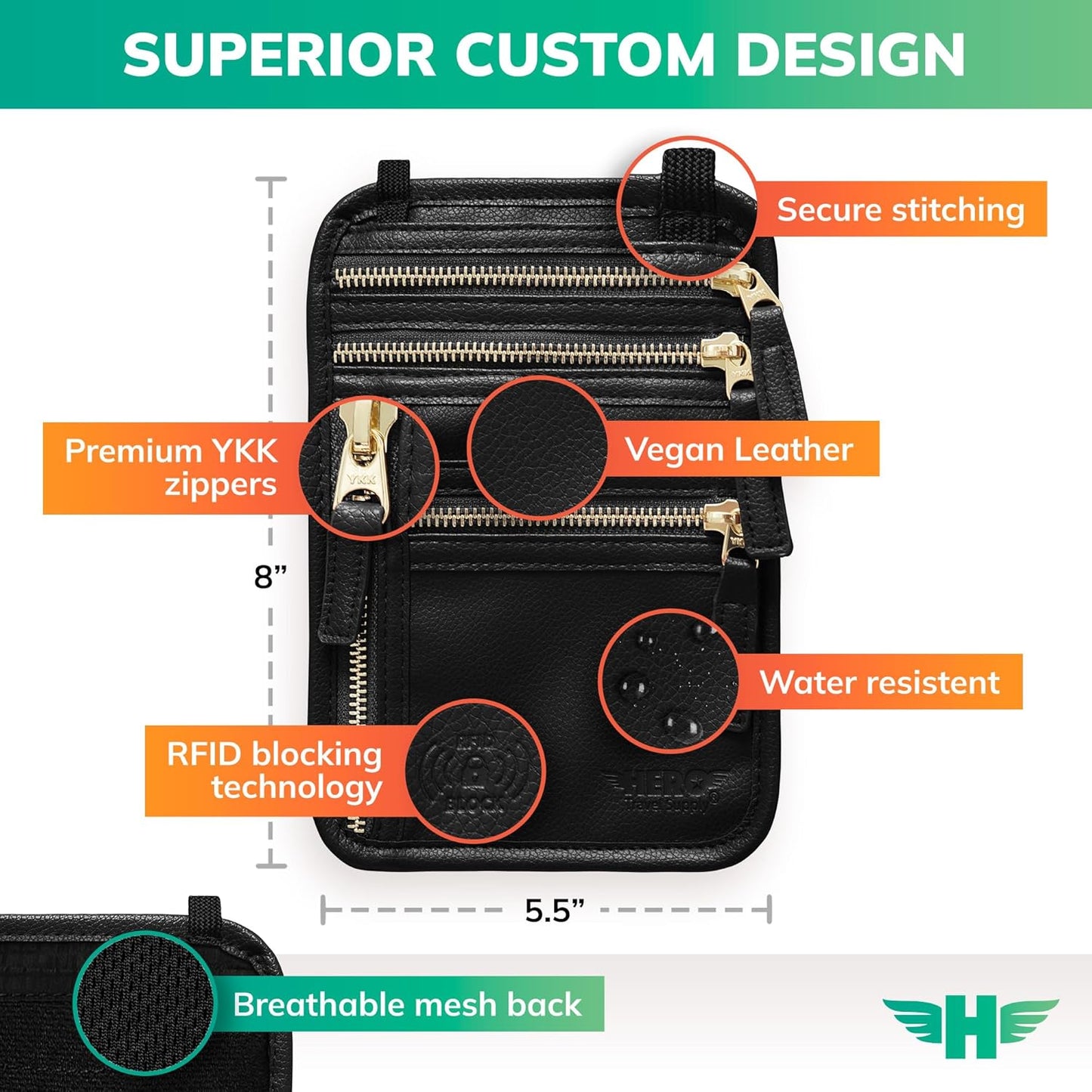 HERO Neck Wallet, RFID Blocking Vegan Leather Passport Holder & Pouch (Black)