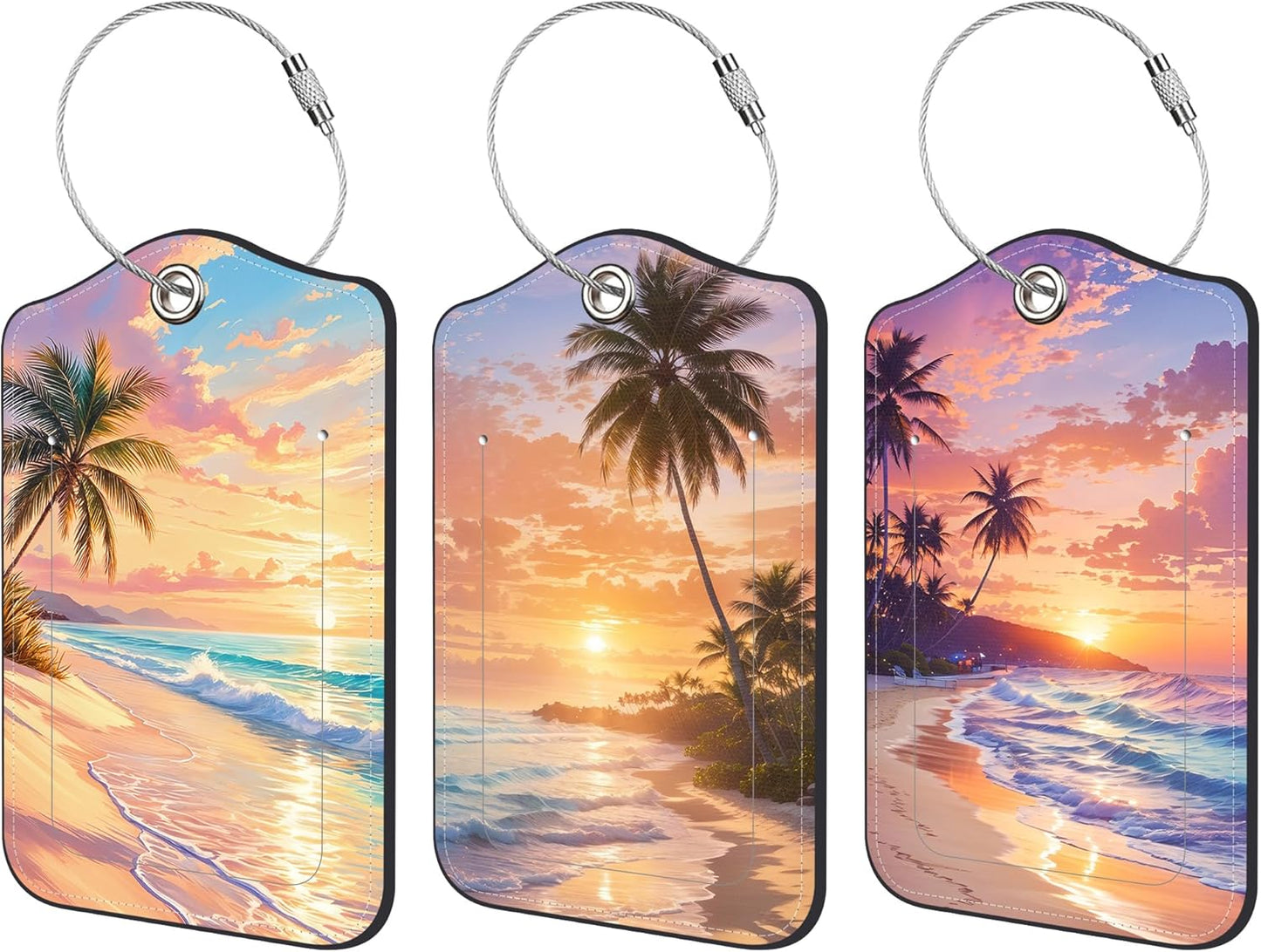3 Pack PU Luggage Tags for Suitcase, Palm Trees Beach at Sunset Suitcase Tag Leather Privacy Cover ID Label with Stainless Steel Loop for Baggage Handbag School Bag Backpack