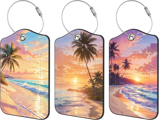 3 Pack PU Luggage Tags for Suitcase, Palm Trees Beach at Sunset Suitcase Tag Leather Privacy Cover ID Label with Stainless Steel Loop for Baggage Handbag School Bag Backpack