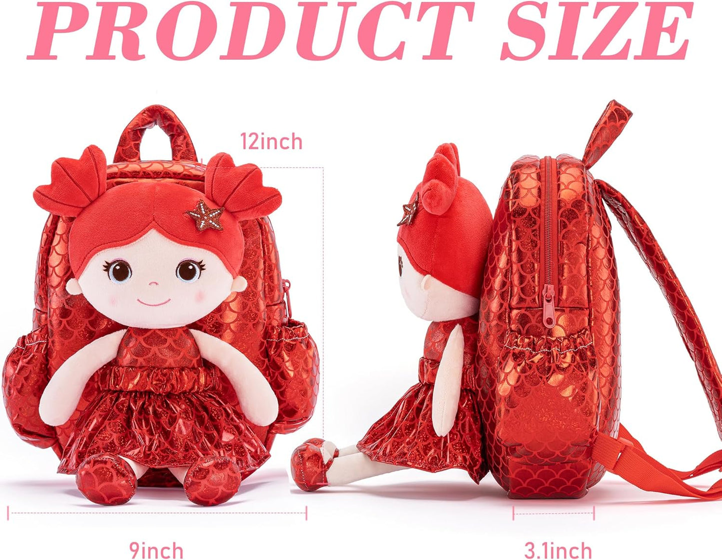 Lazada Toddler Backpack - Baby Girl Gifts Plush Doll Dress Backpack - Fashion Girls Tina Fish Scale Series - Red 11 Inches