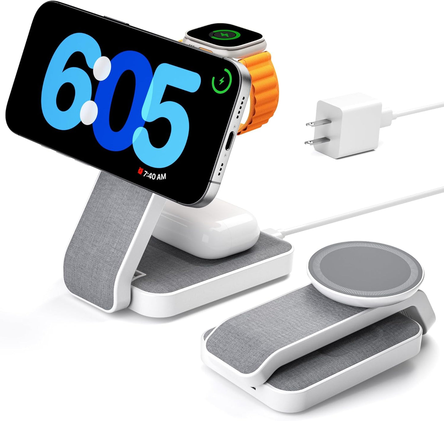 3 in 1 Foldable Wireless Travel Charging Station for MagSafe, Nightstand Magnetic Charger Stand for iPhone 17 16 15 14 Pro Max, Charging Dock with Night Light for Apple Watch/AirPods (White)