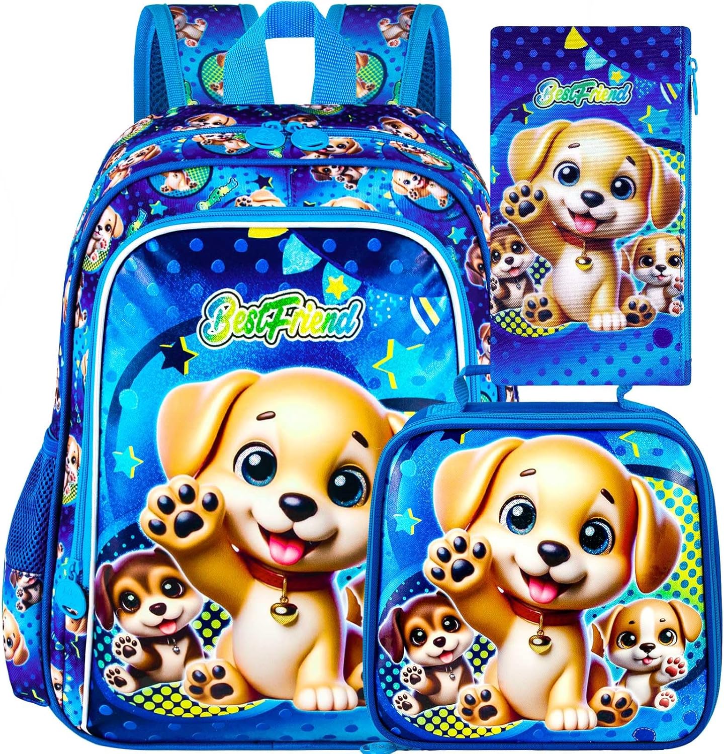 gxtvo 3PCS Kids Dog Backpack, 16" Boys Bookbag with Lunch Box, Water Resistant Elementary Preschool Toddler School Bag