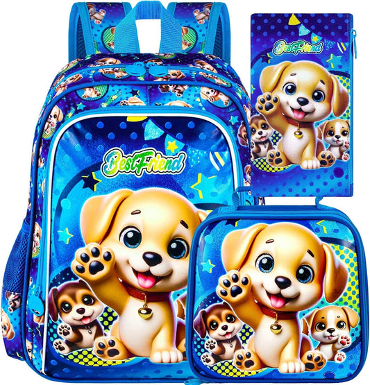 gxtvo 3PCS Kids Dog Backpack, 16" Boys Bookbag with Lunch Box, Water Resistant Elementary Preschool Toddler School Bag