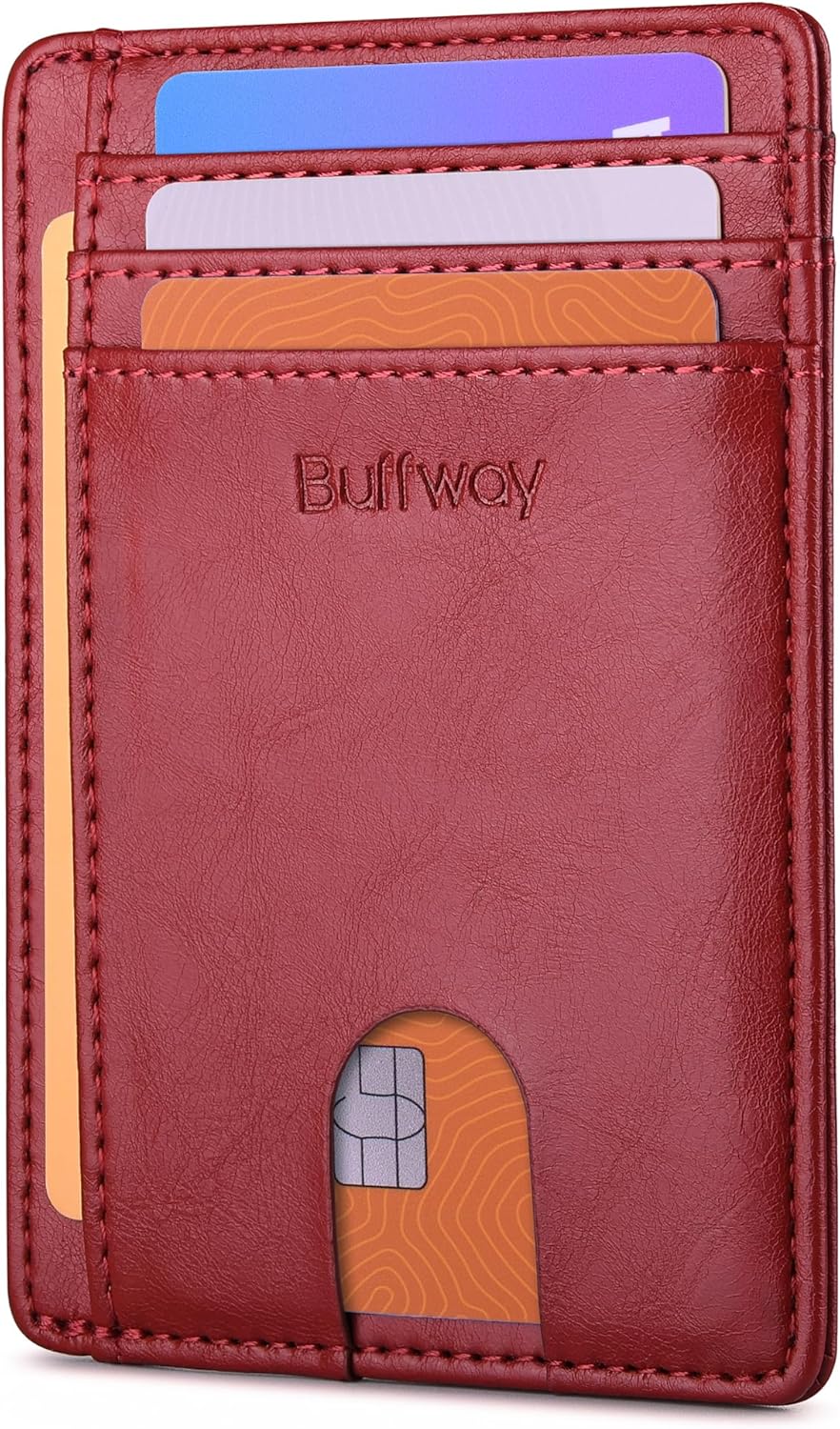 Buffway Slim Minimalist Front Pocket RFID Blocking Leather Wallets for Men and Women - Alaska Cherry