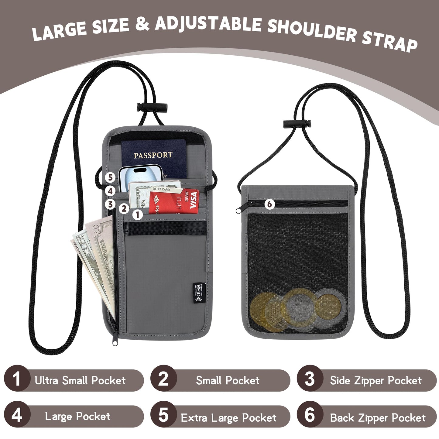 Likesing 5.5" L x 7.9" W Travel Neck Wallet, RFID Passport Holder (Grey)