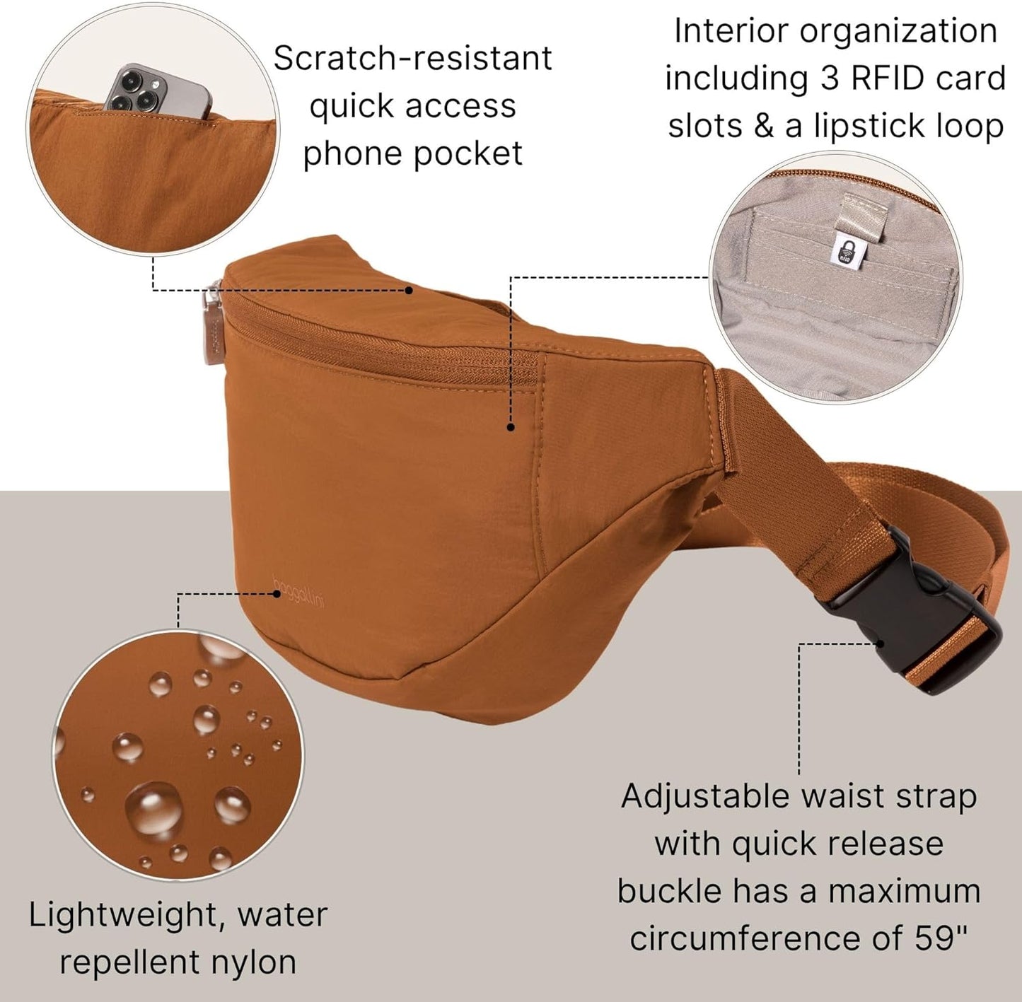 Baggallini Style Swift Belt Bag Sling Bag - Lightweight 12"x7" Crossbody Bag Fanny Pack Belt w/RFID and Adjustable Strap