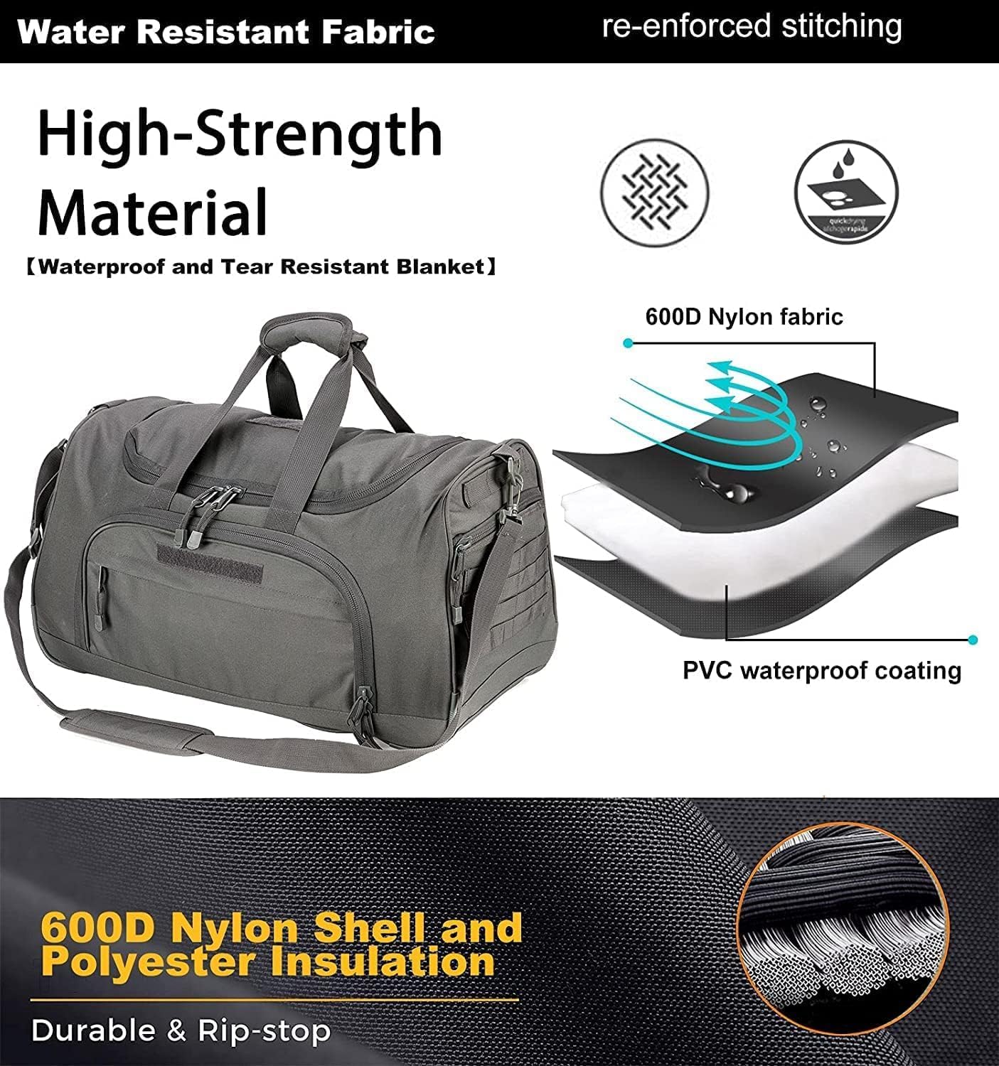 HYKING Gym Bag for Women & Men Tactical Duffle Military Weekender Work Out Lightweight Waterproof Sports Tote Shoe Pocket Gray
