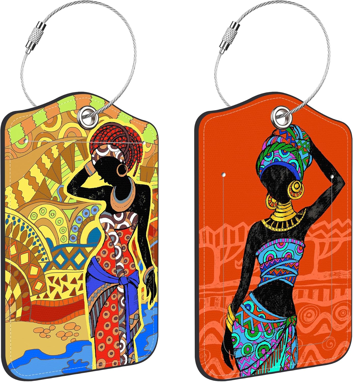 2 Pcs Luggage Tags for Suitcases, Beautiful African Woman Leather Bag Tags for Luggage Privacy Cover Name ID Label with Stainless Steel Loop Cruise Airport Travel Essentials