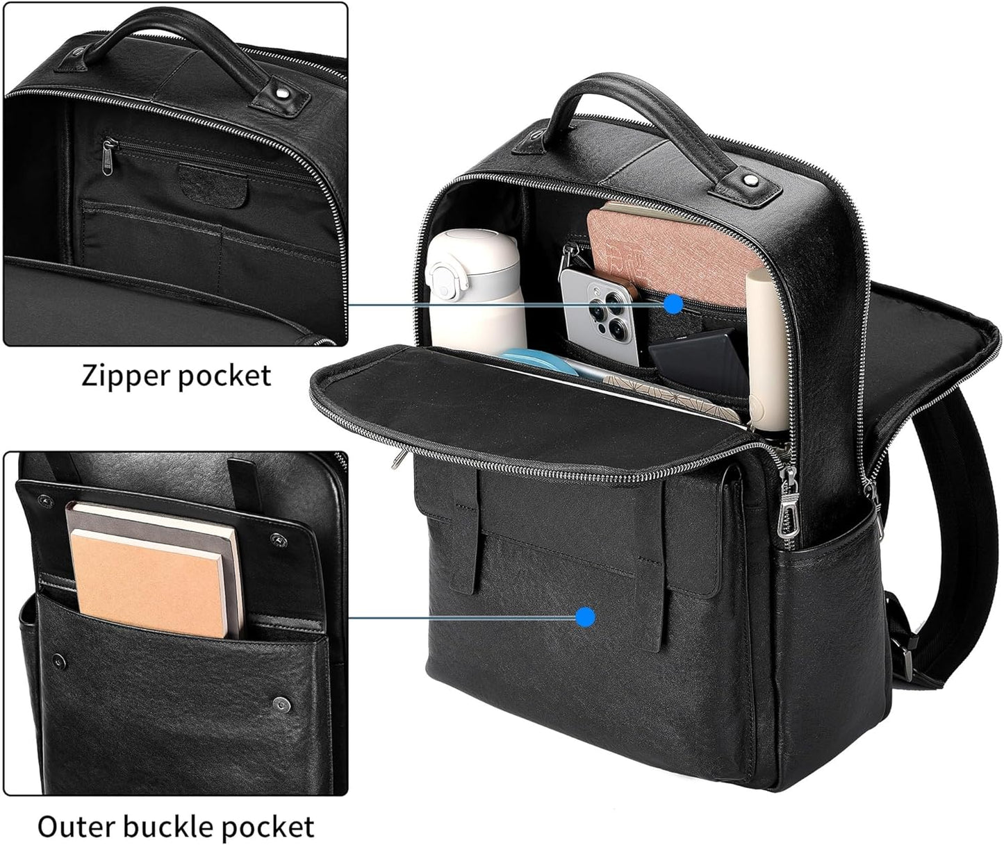 Men's Black Leather Backpack, Durable Genuine Leather Laptop Backpack for Work Travel, Business 15.6" Computer Backpack, Stylish Professional Designer