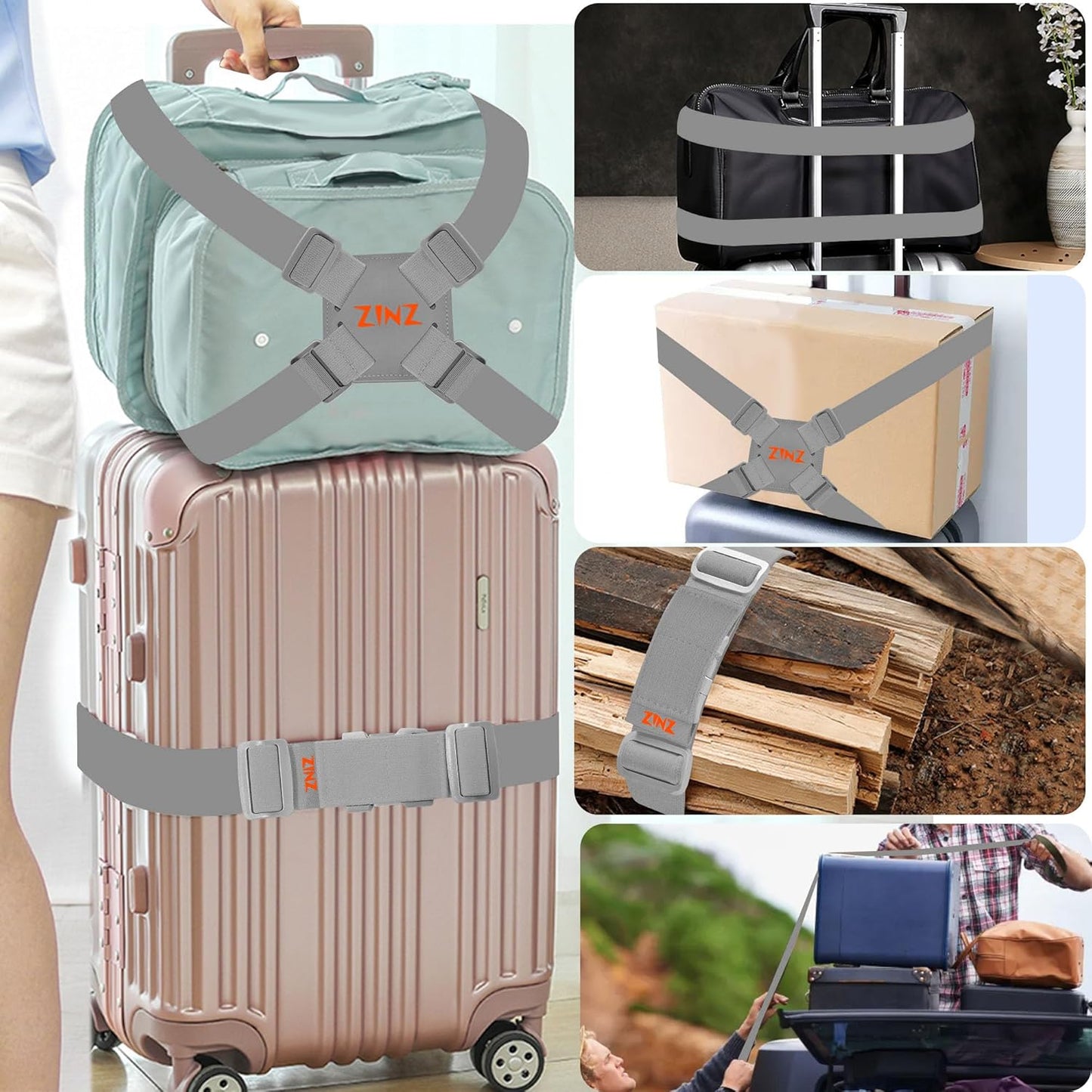 2-Pack Elastic Luggage Straps with Suitcase Bungee, Adjustable Bag Belt Travel Accessories - Gray/Orange