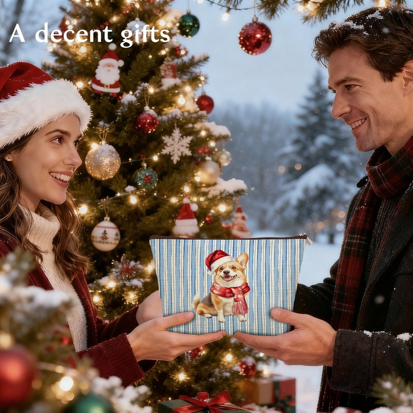 Christmas Corgi Makeup Bag Gifts for Women, Christmas Santa Hat Corgi Cosmetic Bag, Xmas Dog Blue Striped Winter Holiday Zipper Makeup Pouch Travel Toiletry Bag