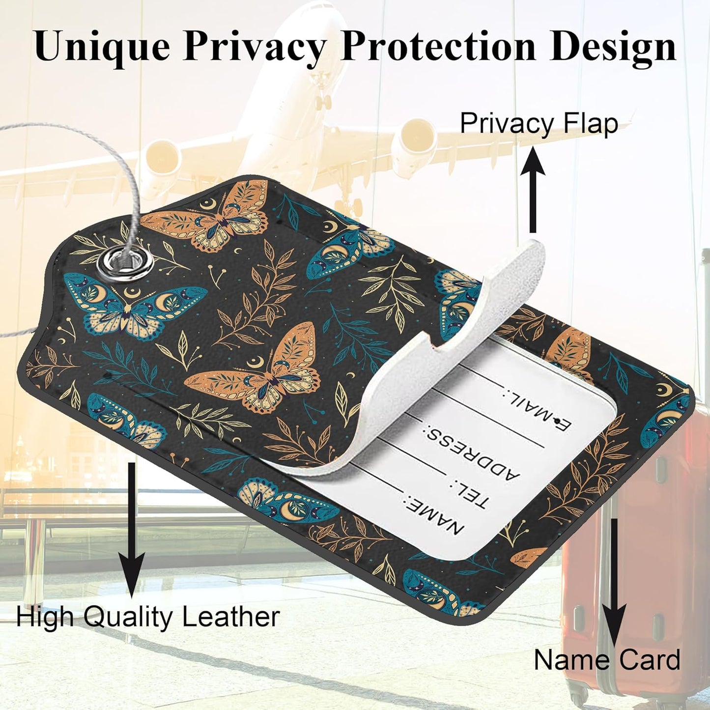 Boho Magic Space Elements Stars 2 Pack PU Leather Luggage Tags with Stainless Steel Loop, Funny Butterflies Travel Labels with Privacy Cover ID Label for Quick Spotting