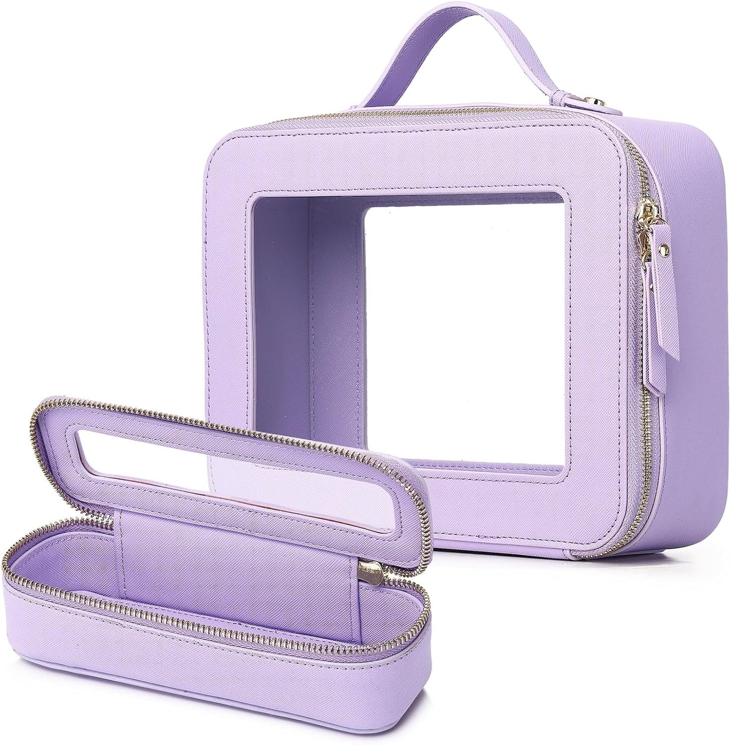 Clear Travel Makeup Bag with Brush Bag Portable Transparent Cosmetic Bag and Toiletry Bag Waterproof Clear Makeup Bag with Zipper Car Bag for Women (Purple, L+Slim)