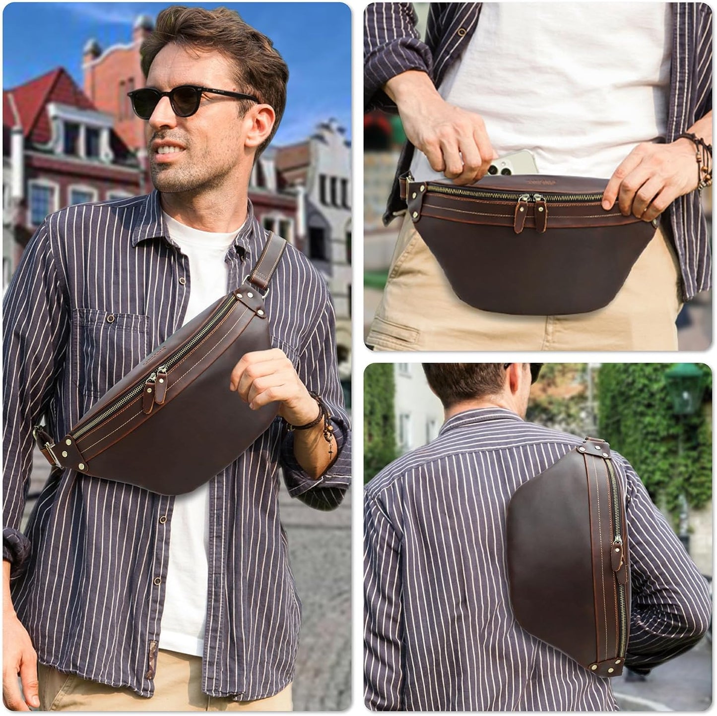 Top Grain Genuine Leather Customizable Large Fanny Pack for Man & Woman, Minimalist Vintage Design, Handmade with Detachable Hardware, Slim Waist Pack Large Crossbody Belt Bag for Traveling or Riding