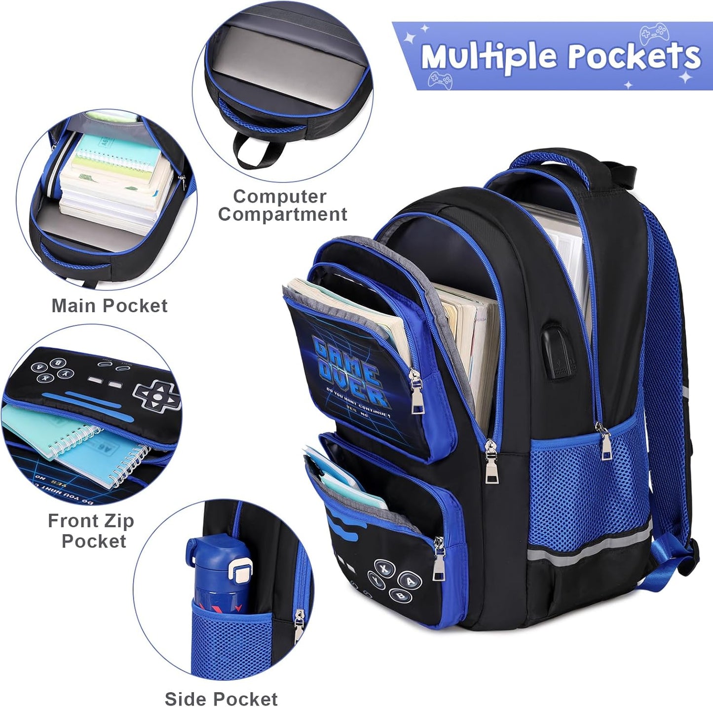 Gamer Backpack for Boys - Cool Luminous School Backpack for Boys with Lunch Bag Pencil Case - Kids Elementary Middle School Book Bags for Teen with USB Charging Port (Black