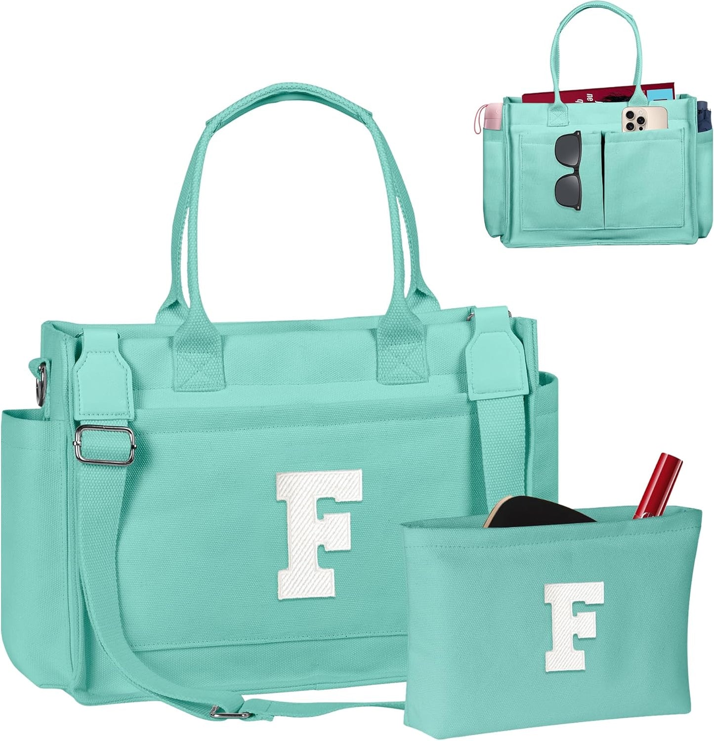 Gifts for Women Teen Girls, Initial Tote Bag with Zipper, Letter Canvas Tote Purse for College Work Laptop Beach