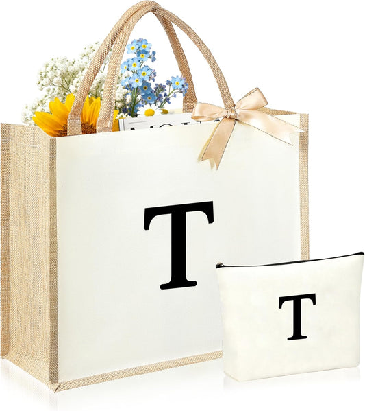 Initial Canvas Tote Bag & Makeup Bag for Women Teacher Bridesmaids，Personalized Present for Wedding, Birthday, Beach