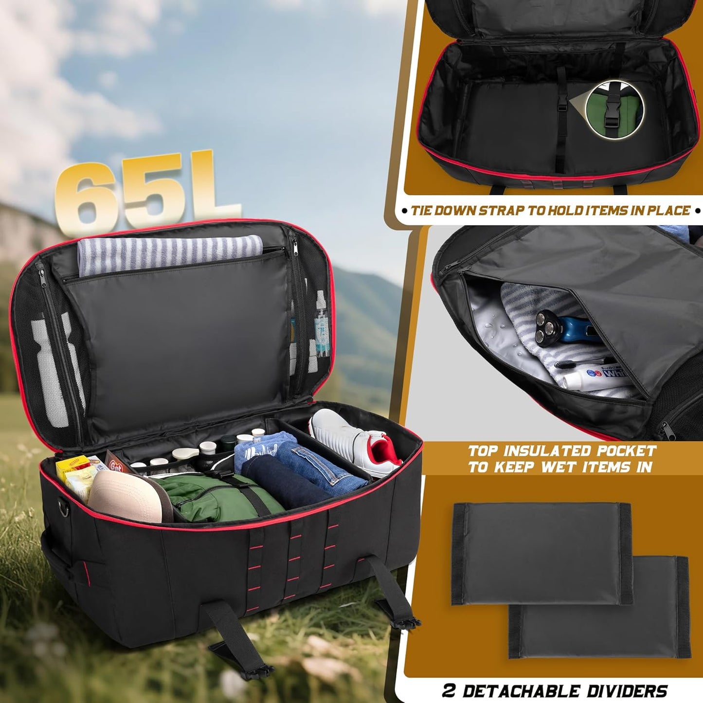 65L Tactical Duffle Bag Gym Bag with Backpack Straps, Wet Pocket and Detachable Dividers, Duffle