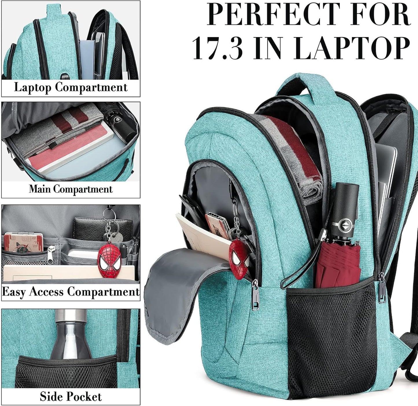 BIKROD Teal Backpack for Women and Men, Extra Large School Backpacks for Teens, Water Resistant Back Pack with USB Charging Port Fits 17 Inch Laptop, Business Anti Theft Durable Computer Bag Gifts