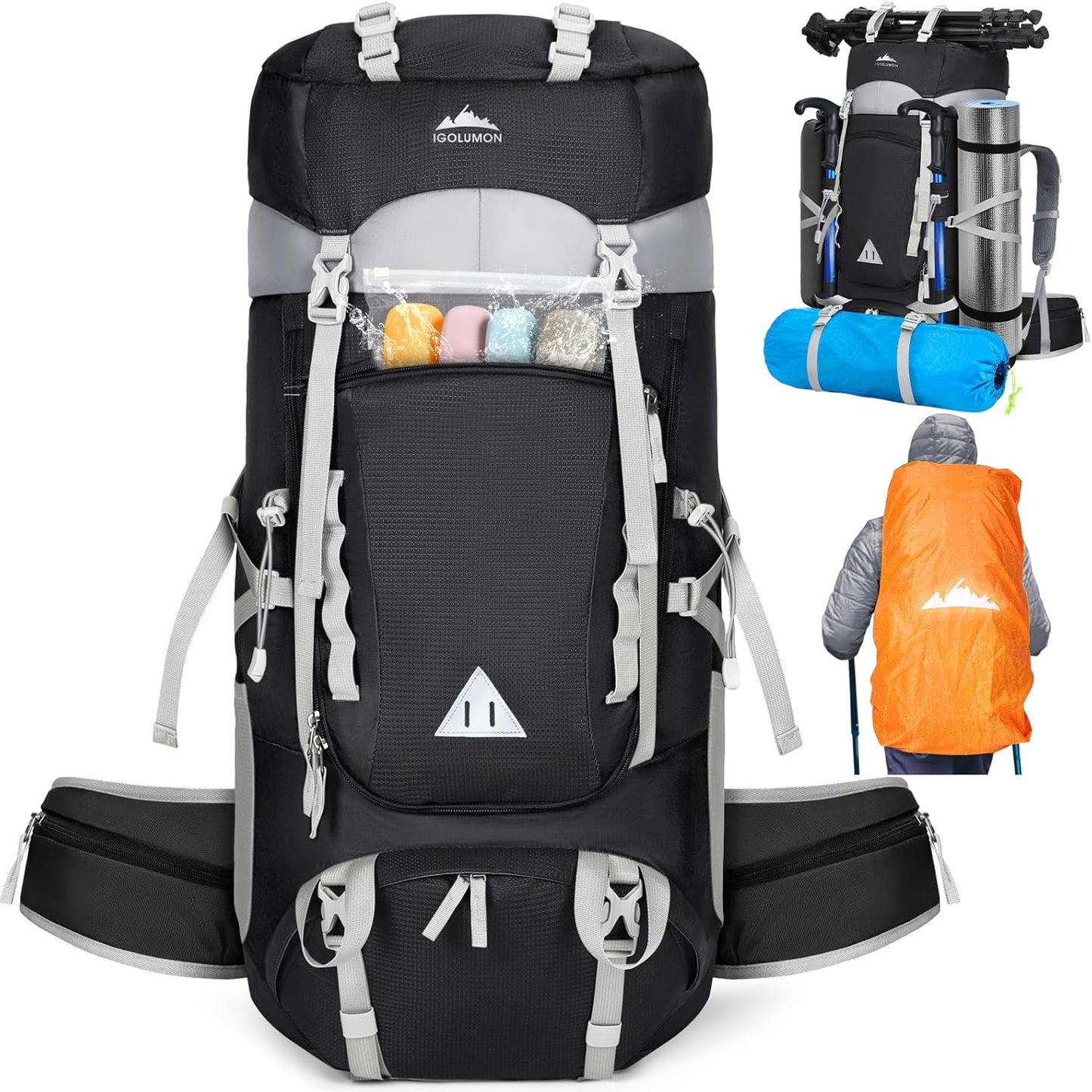 IGOLUMON 60L Hiking Backpack Waterproof Camping Backpack with Rain Cover Large Lightweight Backpacking Backpack for Men Women