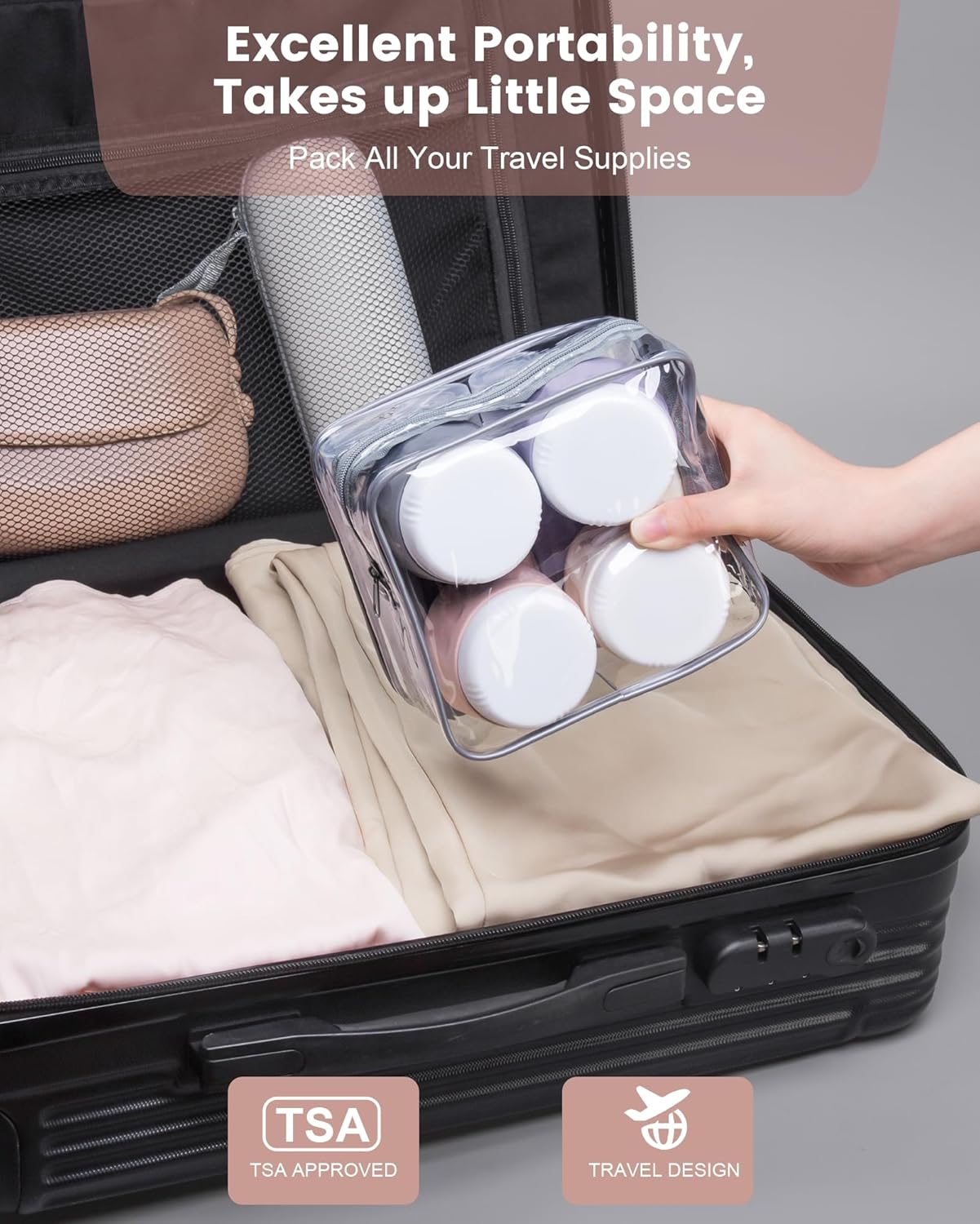 Travel Size Toiletries 8 Pack, TSA Approved 3oz Silicone Squeeze Bottles & Cream Jars with Clear