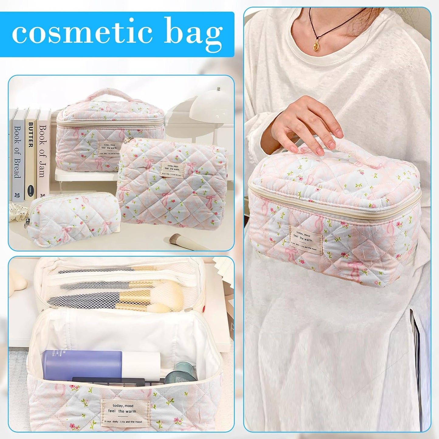 Quilted Makeup Bag, Large Capacity Travel Cosmetic Bag for Women and Girls, Aesthetic Storage for Daily and Travel Use (3pcs-overbowfloral)