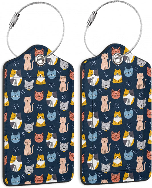 Cute Cat Luggage Tags for Suitcase,2 Pack Luggage Tag Animal Prints Leather Privacy Cover ID Label with Stainless Steel Loop for Women Men Kids Girls Travel