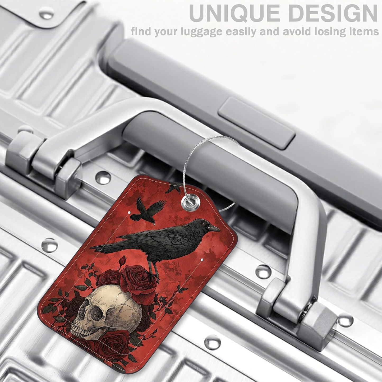 2 Pcs Raven on Rose Skull Luggage Tags for Suitcases PU Leather Baggage Tags Name ID Label with Privacy Cover and Stainless Steel Loop for Men Women Travel Bag Suitcase