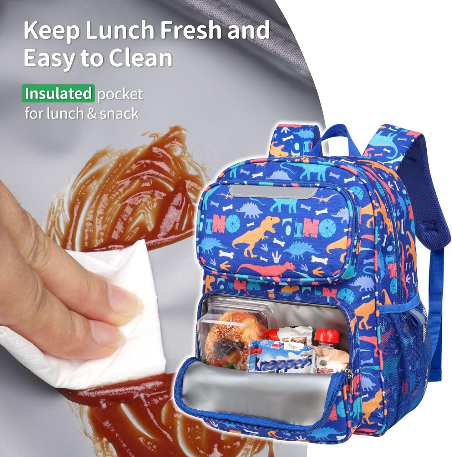 3pcs Kids Backpack Set - 15 Inch Backpack for Boys 3 to 8, Lightweight Bookbag with Lunch Box and Pencil Case for Preschool Kindergarten Elementary School, Insulated Pocket, Blue Dinosaur