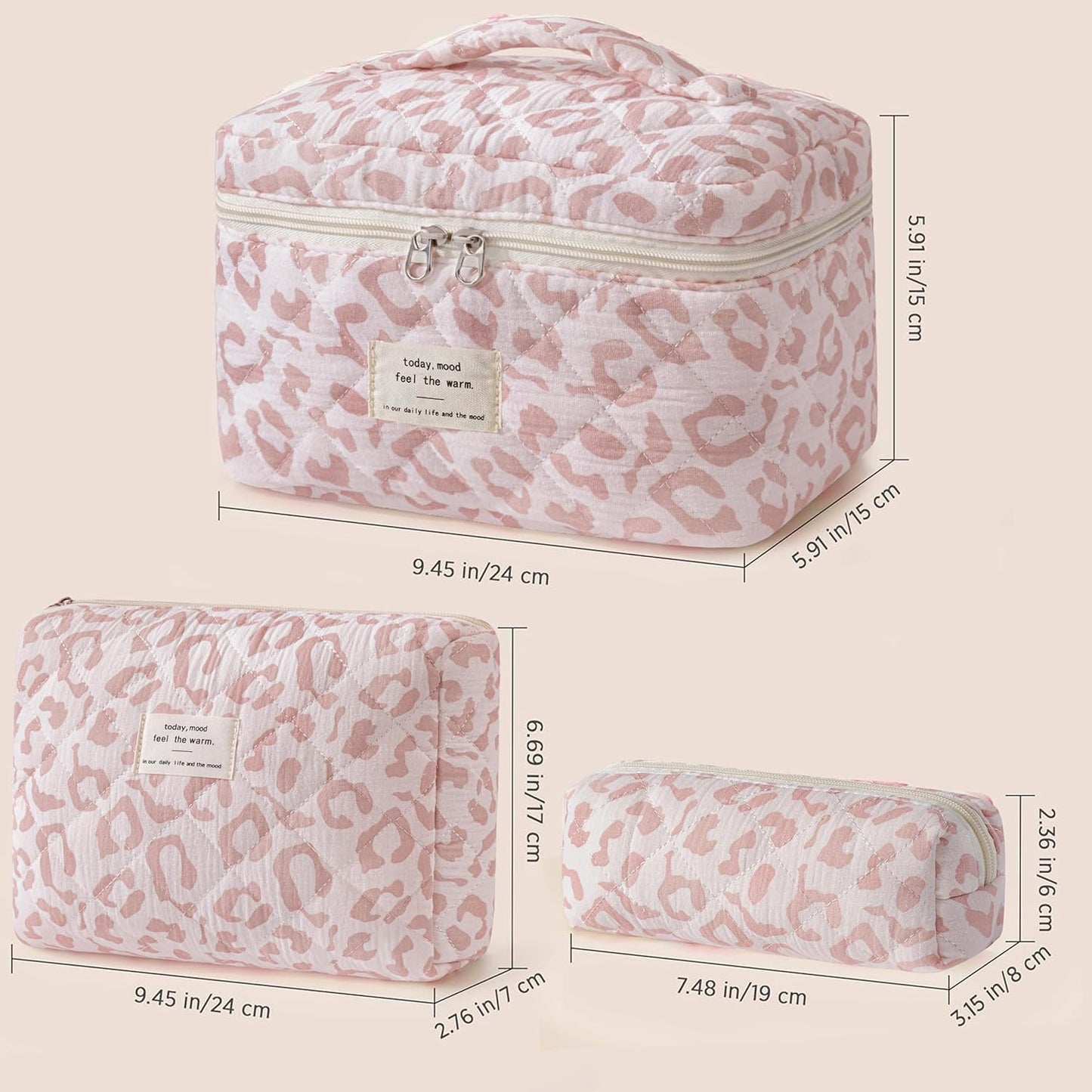 HBselect Quilted Makeup Bag, 3PCS Cotton Large Travel Makeup Bag, Cute Floral Coquette Make up Bag Cosmetic Bag Toiletry Bag for Women Girls