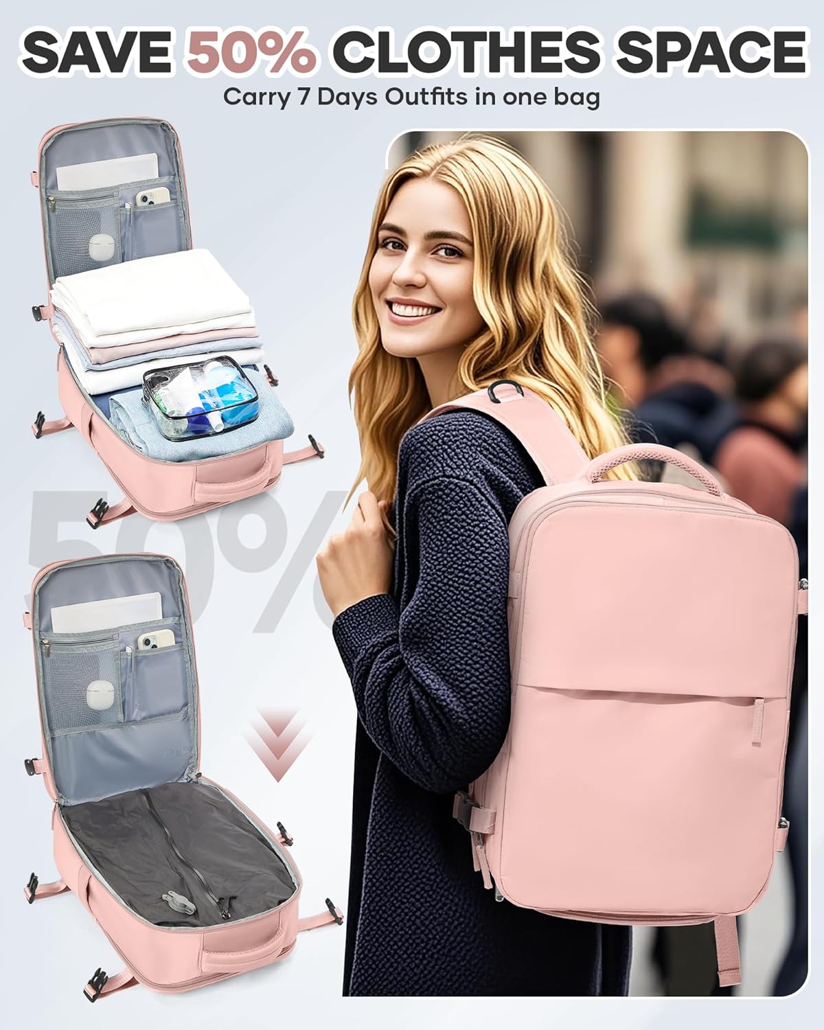 Vacuum Seal Travel Backpack with Air Pump,Compression Vacpack Waterproof Carry On Backpack for Travel Women Men with Vacuum System,Airlines Approved Daypack Laptop Space Saver Bags,Pink