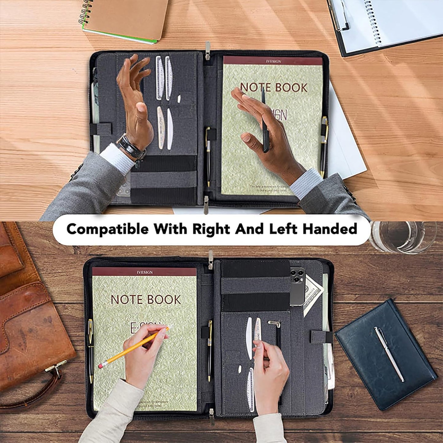 IVESIGN PU Leather Padfolio with Double Zipper, 10.1" Tablet Sleeve, Card Slots & Writing Pad - Multi-Functional Portfolio Binder for Documents, Business Card Organizer & Office Accessories