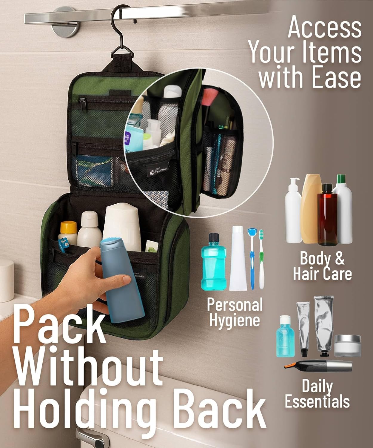 DD D&D Wanderlust D&D Hanging Travel Toiletry Bag for Men and Women – Cosmetics, Makeup and Toiletries Organizer Kit with 10 Compartments
