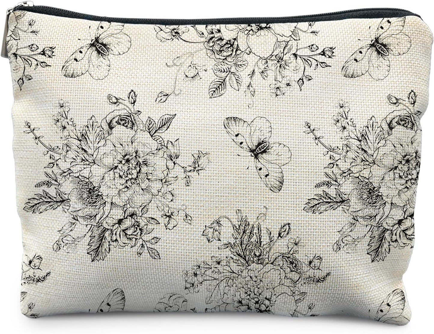 Vintage Boho Floral Butterfly Makeup Bag, Chinoiserie Black and White Cosmetic Bags for Women, Cottagecore Botanical Butterfly Zipper Makeup Pouch